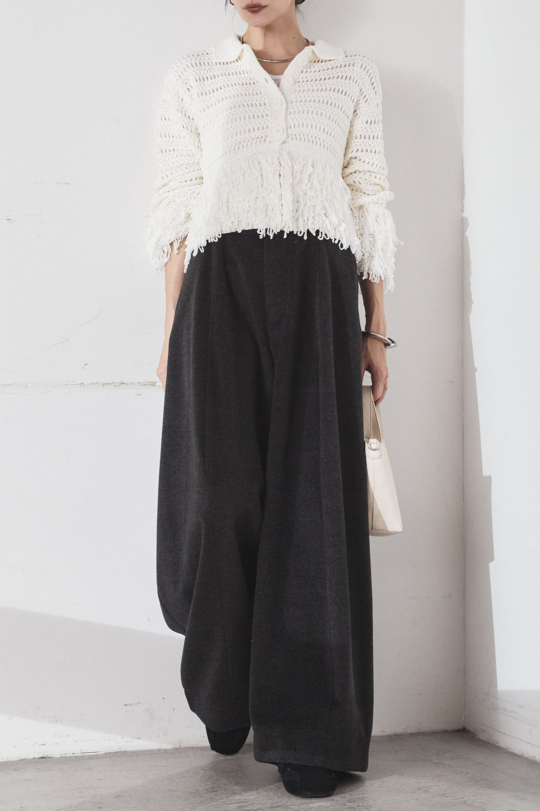[SET]メッシュフリンジカーディガン+ウールタッチカーブワイドパンツ(2set)