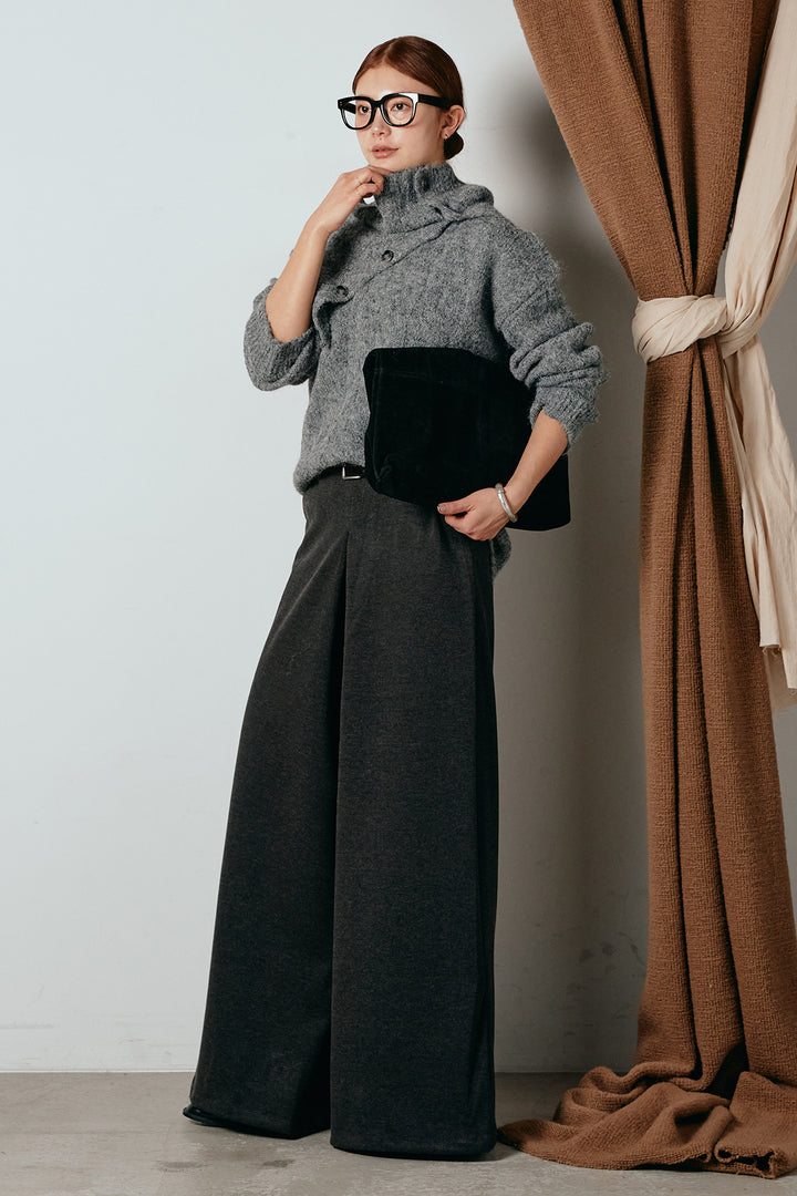 [SET]ケープデザインケーブルニットトップス+ベルト付きフロントタックデザインパンツ(2set)