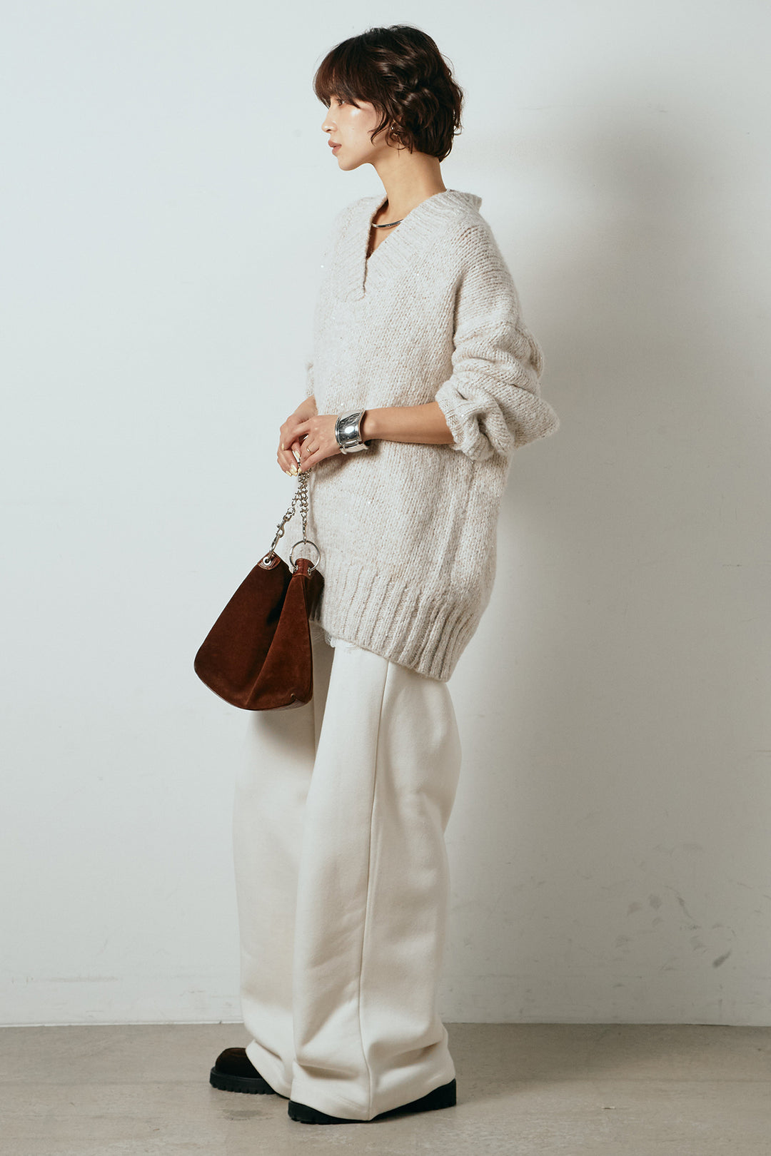 [SET]Vネックラメニットトップス+裏起毛スウェットワイドパンツ(2set)