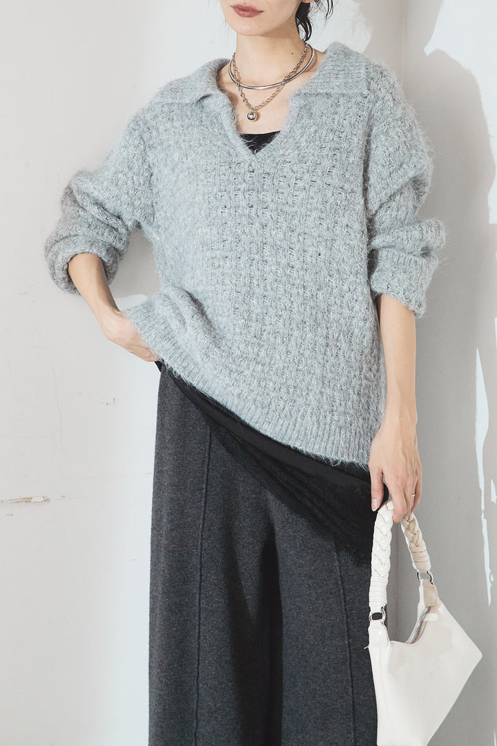 [SET]襟付きVネックニットトップス+レース切り替えキャミソール(2set)