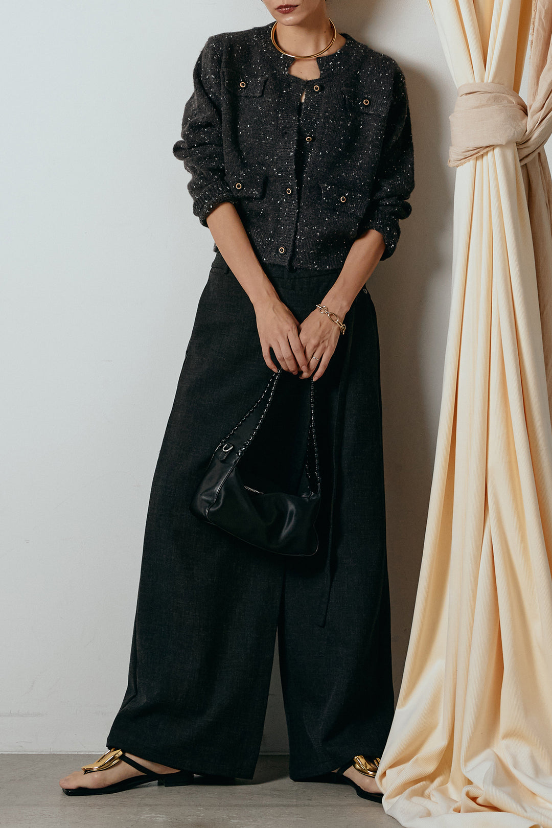 [SET]ネップニットカーディガン+ラップ巻きワイドスラックス(2set)