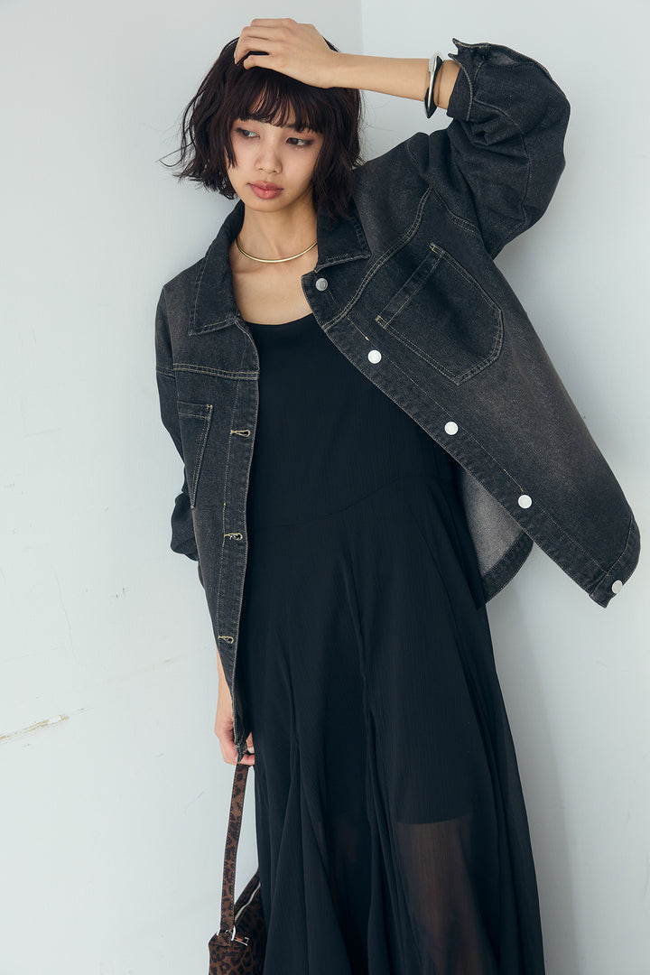[SET]デニムオーバーサイズジャケット+シアーフリルキャミワンピース(2set)