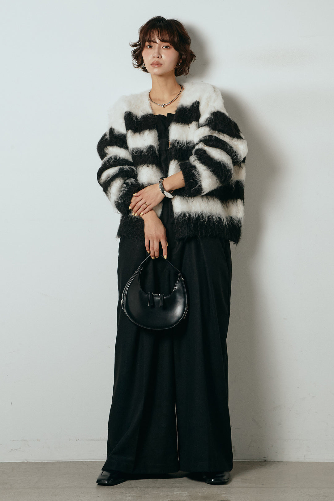 [SET]シャギーボーダー柄ニットカーディガン+ウール混フランネルワイドサロペット(2set)