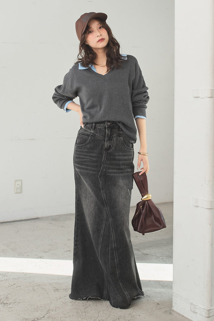 [SET]バイカラーニットレイヤード風プルオーバー+Aラインデニムスカート(2set)