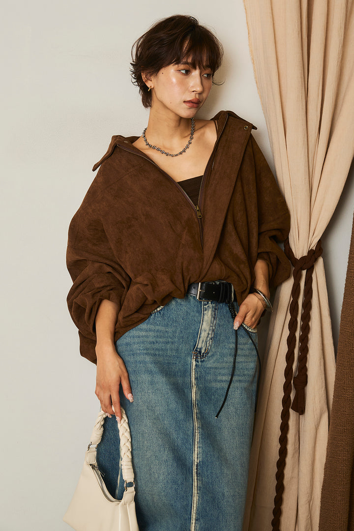 [SET]バルーンシルエットフェイクスエードブルゾン+フェイクレザー太ベルト付きデニムワイドスカート(2set)