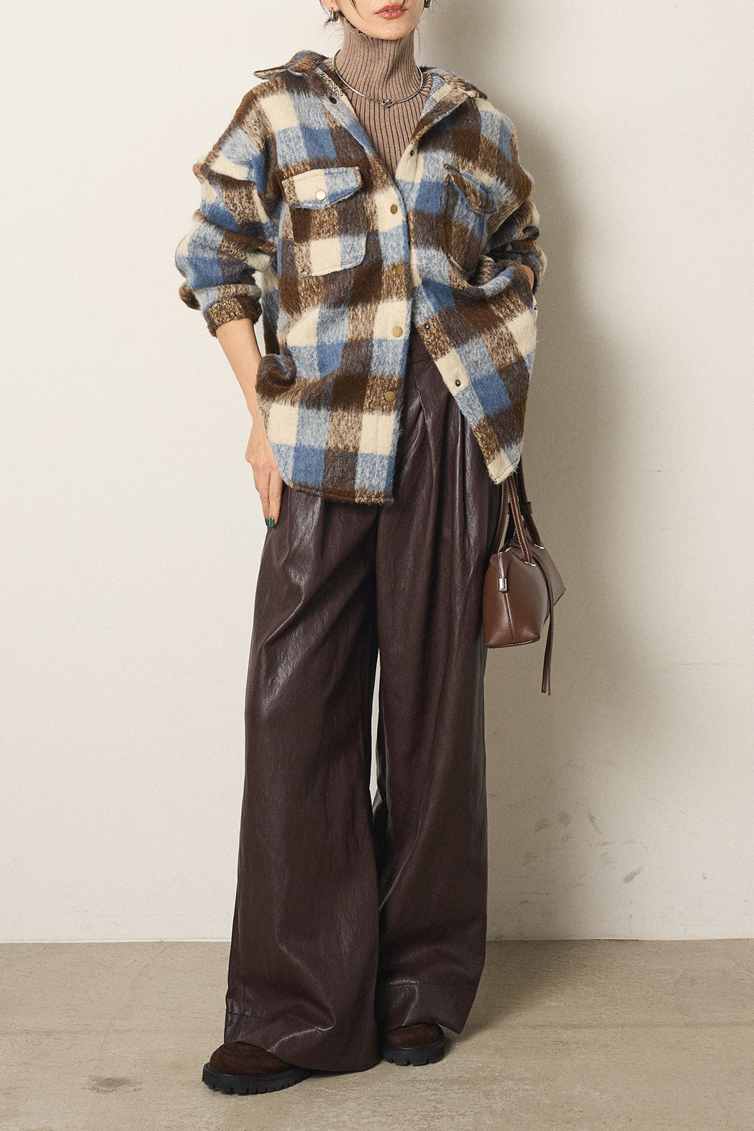 [SET]起毛チェック柄ポケットアウター+ベルト付きレザーライクタックパンツ+リブニットシームレスタートルプルオーバー(3set)