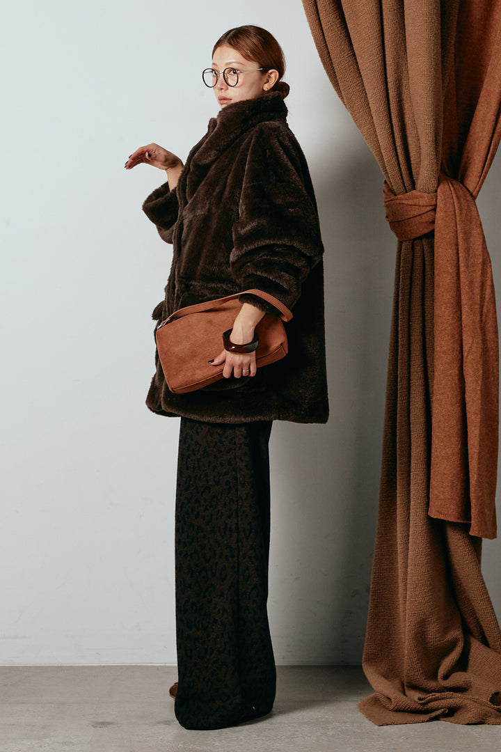 [SET]スタンドネックファーコート+レオパードジャガードニットパンツ(2set)