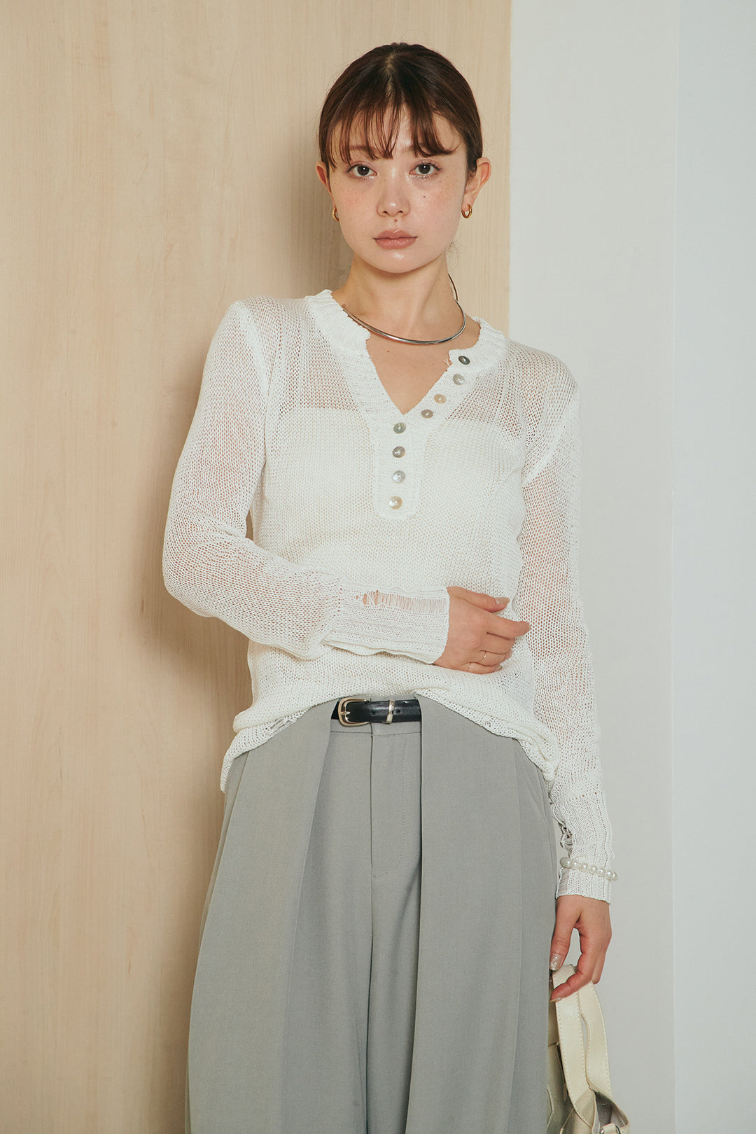 [SET]ヘンリーネックダメージニットプルオーバー+ビックベルトループタックベルト付きワイドパンツ(2set)