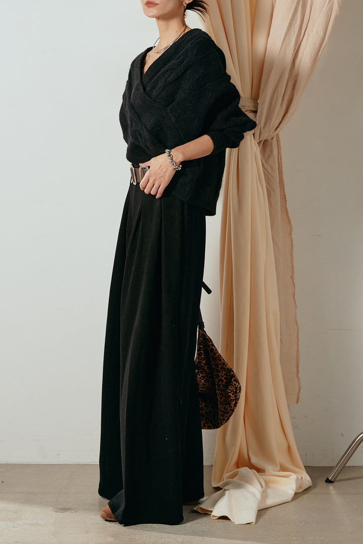 [SET]ケーブルカシュクールニットトップス+フェイクレザー太ベルト付きタックワイドパンツ(2set)