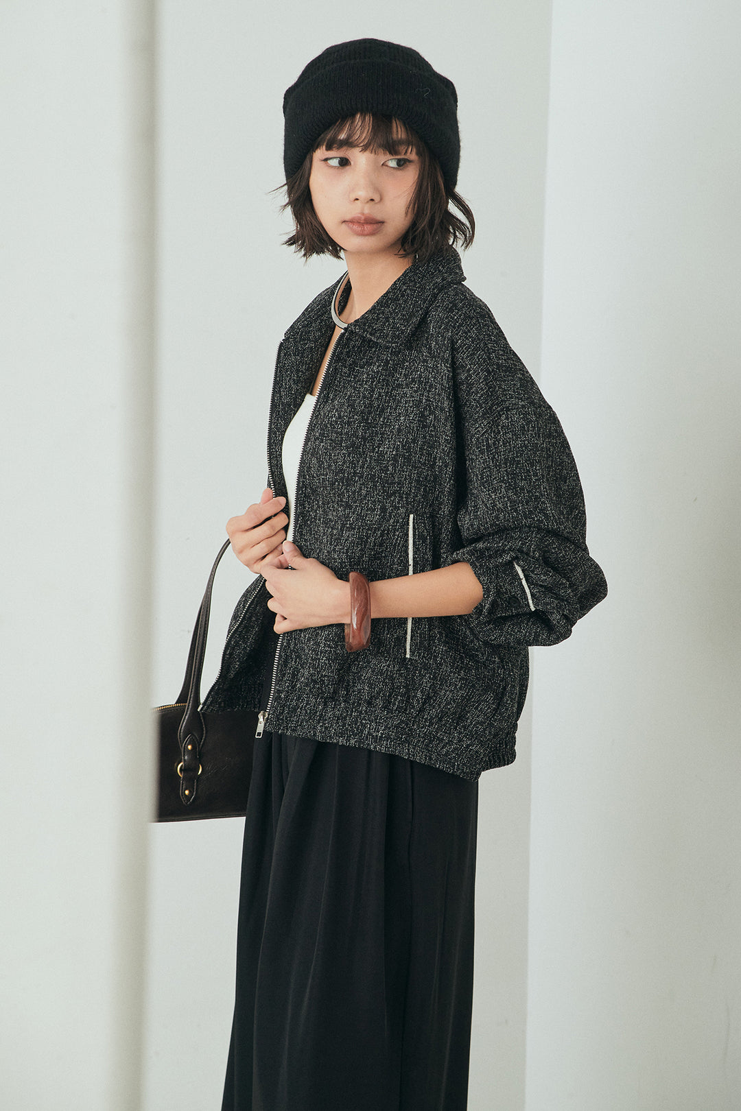 [SET]ツイード配色パイピングブルゾン+ベルト付きタックデザインハイウエストロングパンツ(2set)