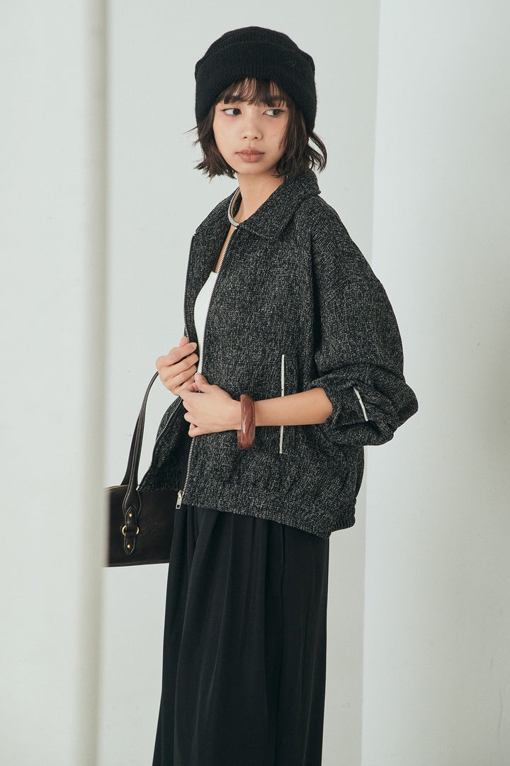 [SET]ツイード配色パイピングブルゾン+ベルト付きタックデザインハイウエストロングパンツ(2set)