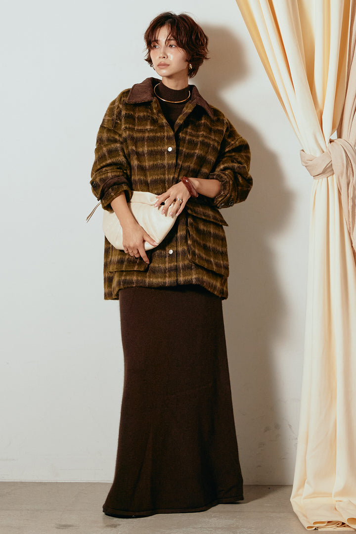 [SET]チェックシャギーミドルカバーオール+ノースリーブニットロングワンピース(2set)