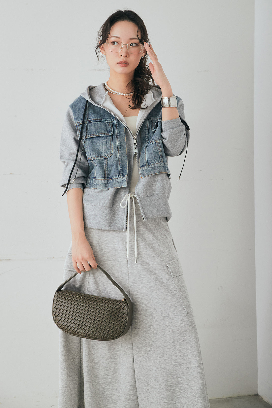 [SET]デニム切替ポンチダブルジップパーカー+リラックススウェットスカート(2set)