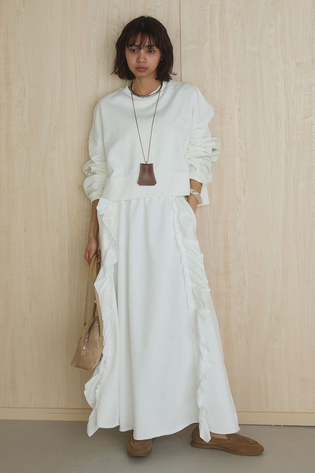 [SET]アームパッチスウェットプルオーバー+ビッグフリルスウェットロングスカート(2set)