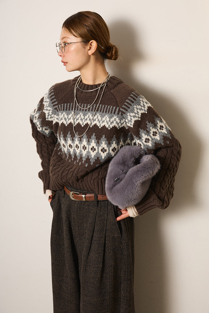 [SET]2WAY求心柄ジャガードショートカーディガン+起毛タック入りツイードワイドパンツ(2set)