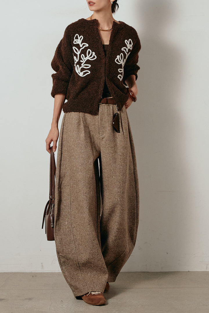 【即納】ベルト付きネップツイードカーブパンツ/コーヒー