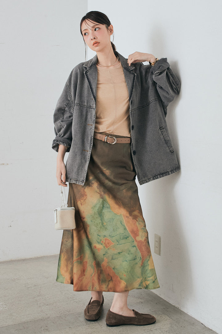 [SET]オーバーデニムジャケット+ニュアンス柄サテンスカート(2set)
