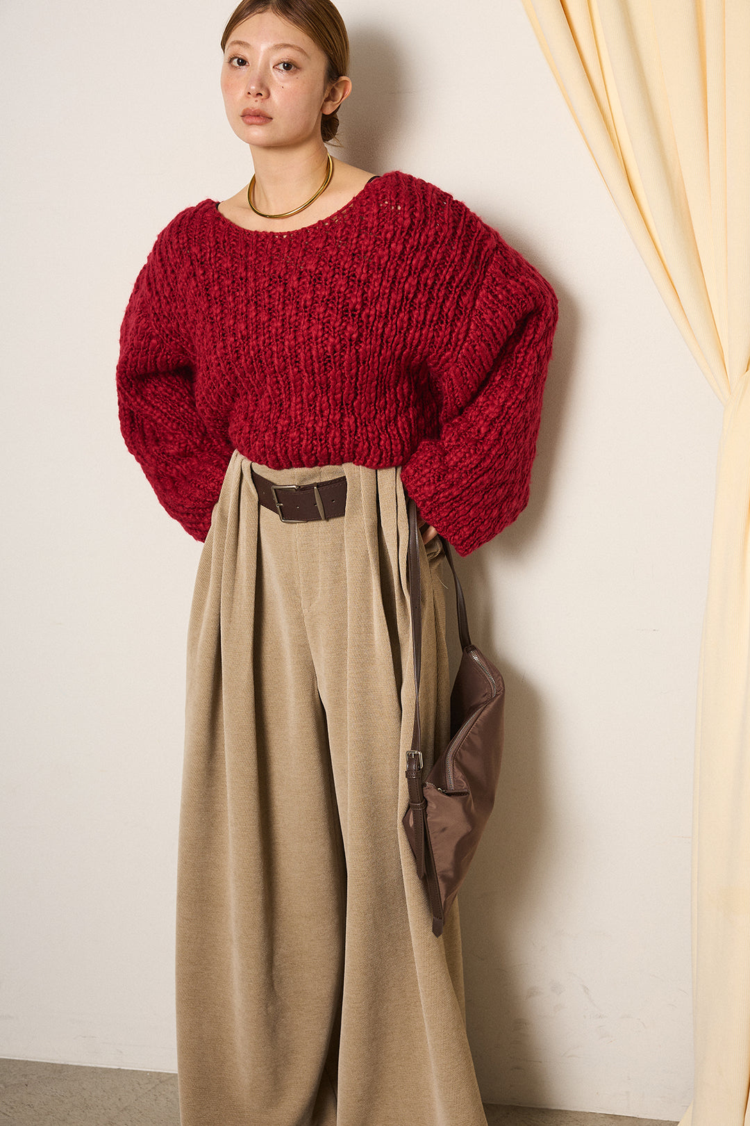[SET]チャンキースラブニットクロップドプルオーバー+ベルトループコーデュロイワイドパンツ(2set)