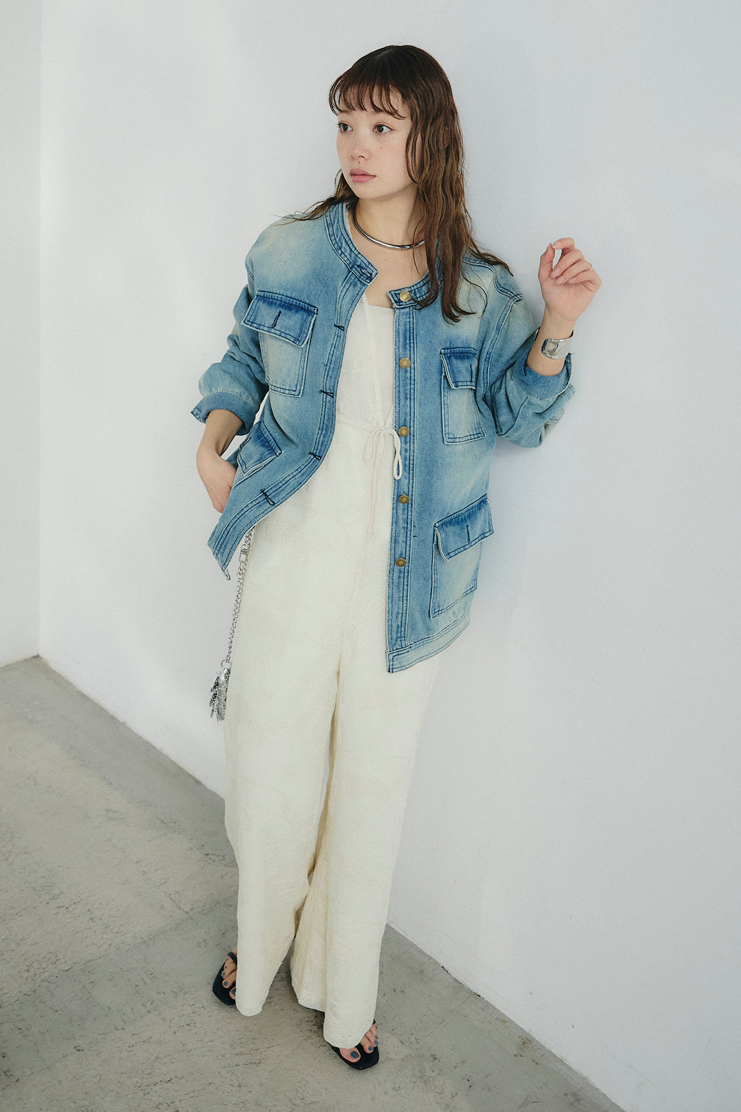 [SET]ノーカラーデニムポケットジャケット+レースサロペット(2set)