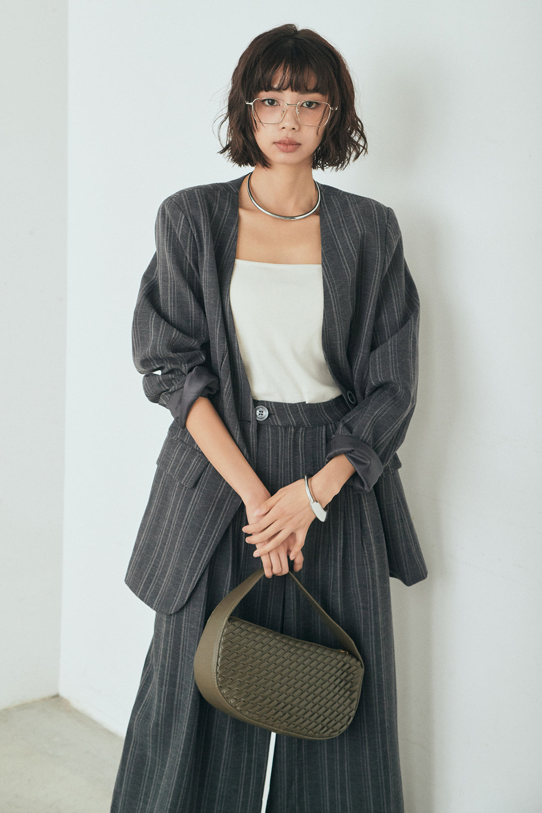 [SET]ノーカラーピンストライプジャケット+ピンストライプワイドスラックス(2set)