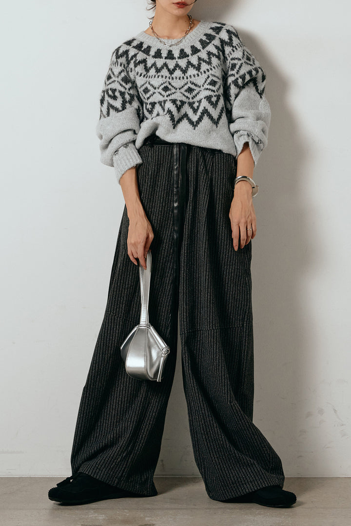 [SET]ノルディック柄Uネックプルオーバー+レザーライク配色ストライプパンツ(2set)