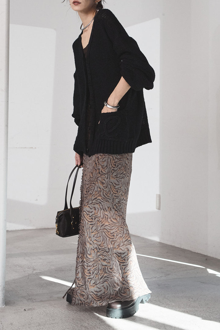 [SET]コード刺繍リラックスニットカーディガン+抽象柄ロングスカート(2set)