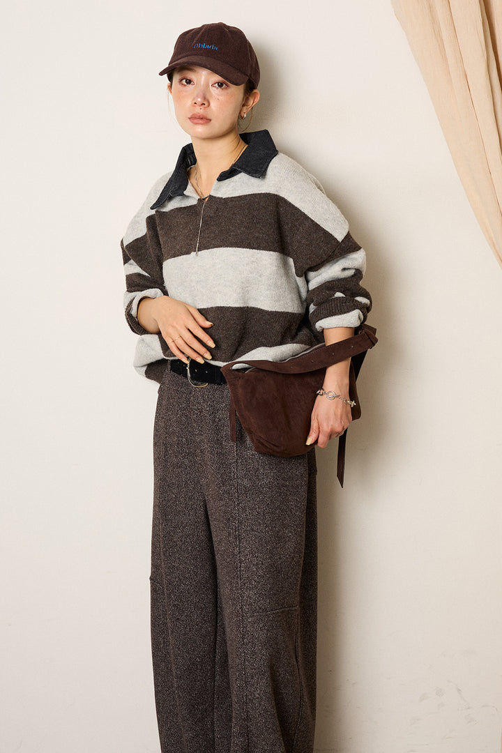 [SET]デニムカラーボーダールーズニット+太ベルト付きツイードワイドパンツ(2set)
