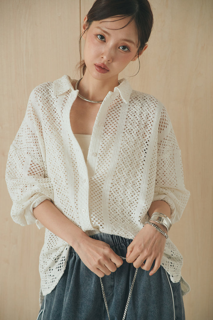 [SET]長袖襟付きレースシャツ+ドロストサイドラインデニムパンツ(2set)