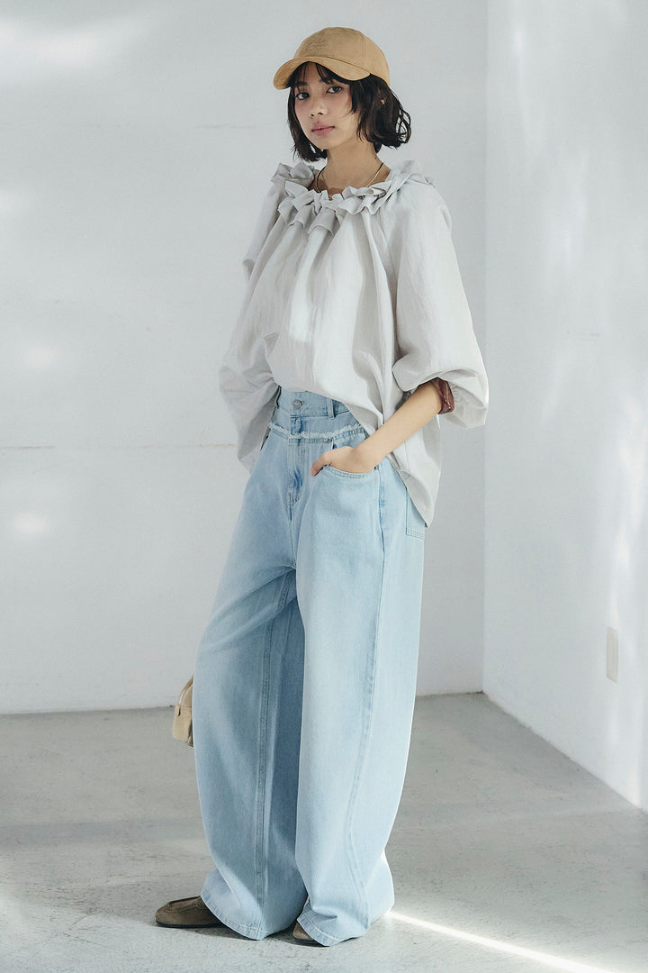 [SET]ネックフリルデザインブラウス+ウエスト裁ち切りデニムワイドパンツ(2set)