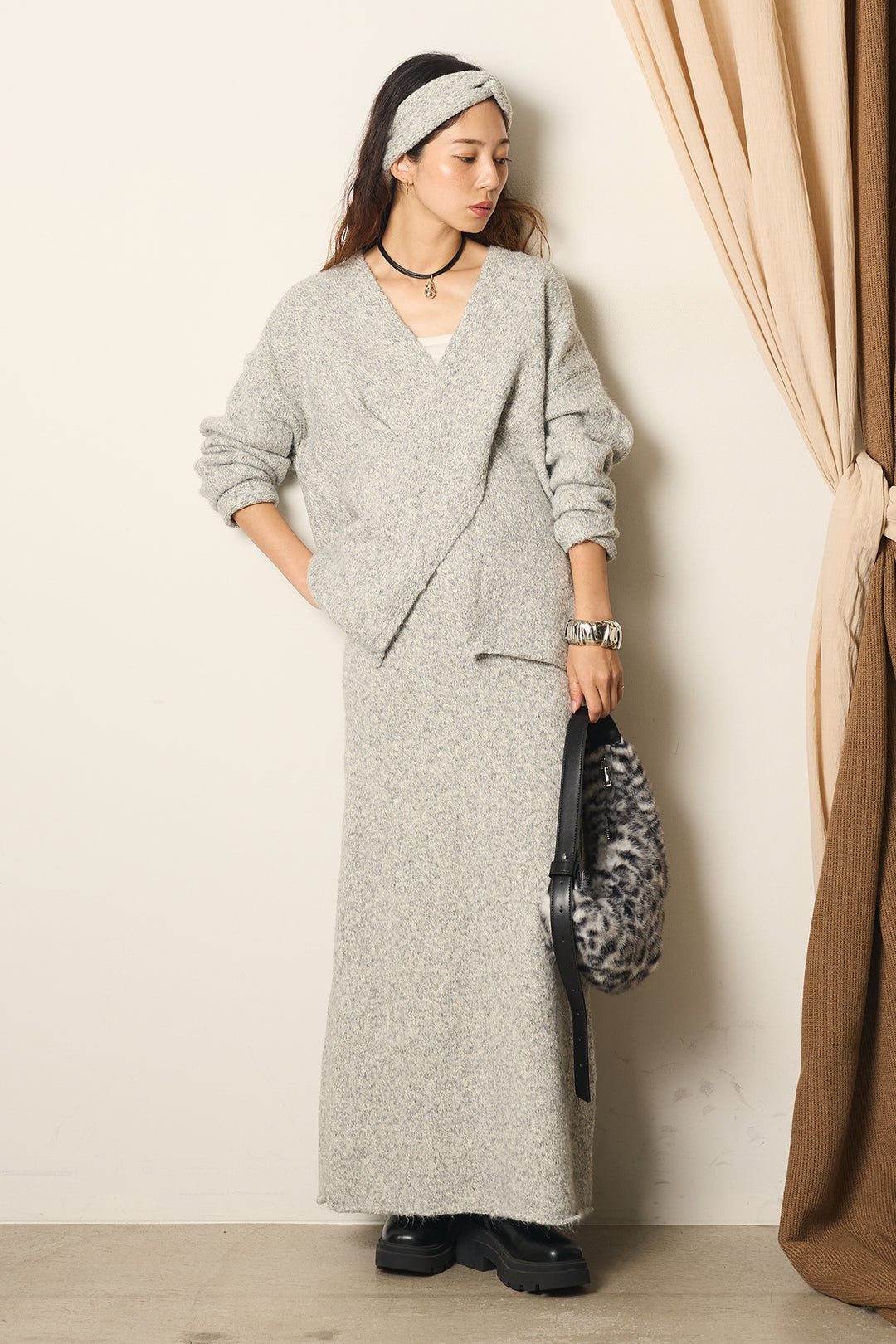 [SET]ヘアバンド付きクロスデザインミックスニットトップス+ミックスワイドニットスカート(2set)