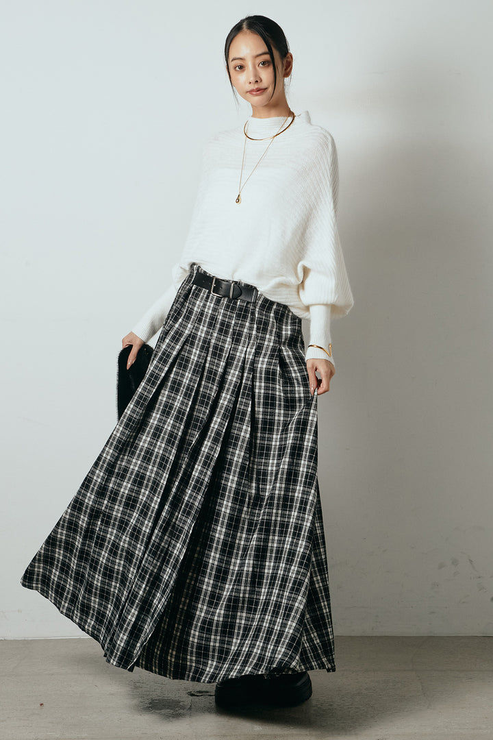 [SET]ポンチョシルエット透かしニットトップス+ベルト付きタータンチェックプリーツスカート(2set)