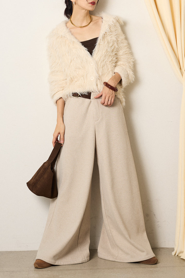 [SET]襟付きシャギーニットカーディガン+サイドベルトパンツ(2set)