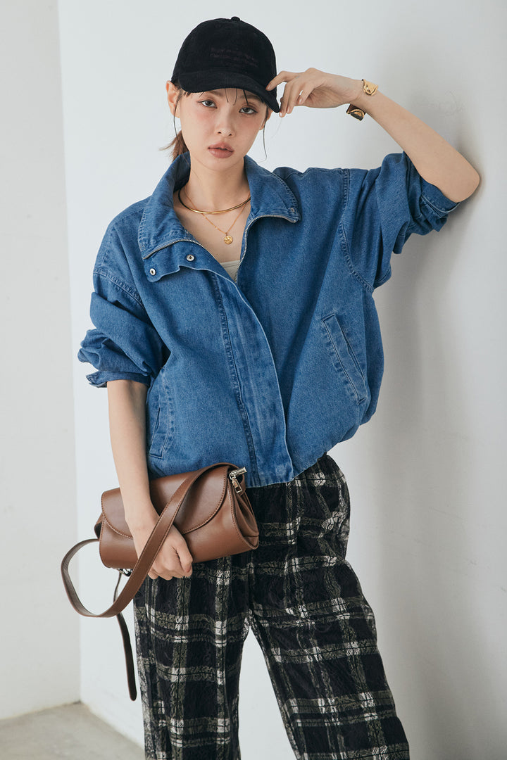 [SET]スタンドカラーデニムブルゾンジャケット+レースチェックワイドイージーパンツ(2set)