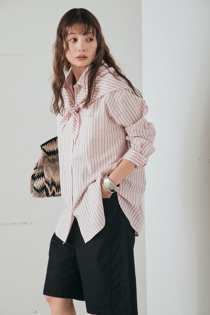 [SET]ランダムストライプスカーフ付きシャツ+デニムハーフパンツ(2set)