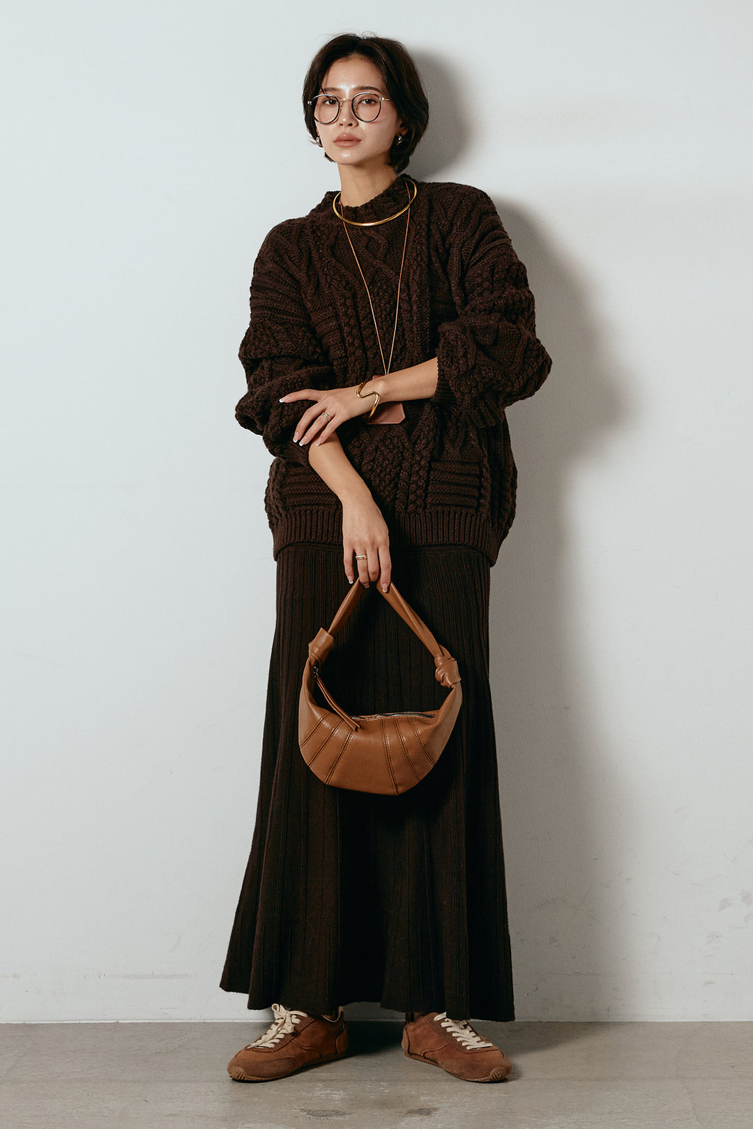 [SET]アラン柄ミックスケーブルニット+編み地切り替えフレアニットスカート(2set)