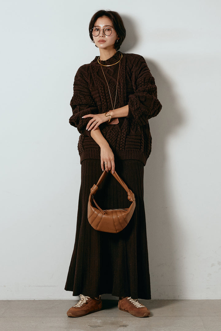 [SET]アラン柄ミックスケーブルニット+編み地切り替えフレアニットスカート(2set)