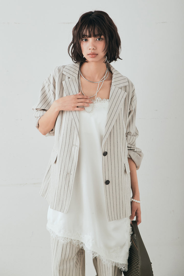 [SET]リネンライクストライプテーラードジャケット+リネンライクストライプタックイージーパンツ(2set)