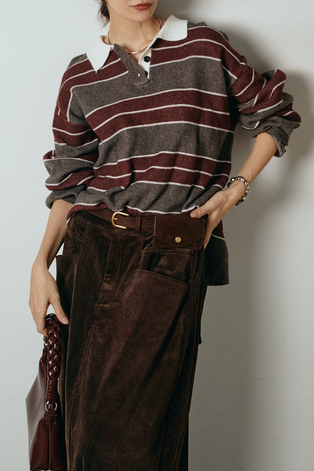 [SET]ラガーニットボーダーポロプルオーバー+ポーチベルト付きコーデュロイワイドスカート(2set)