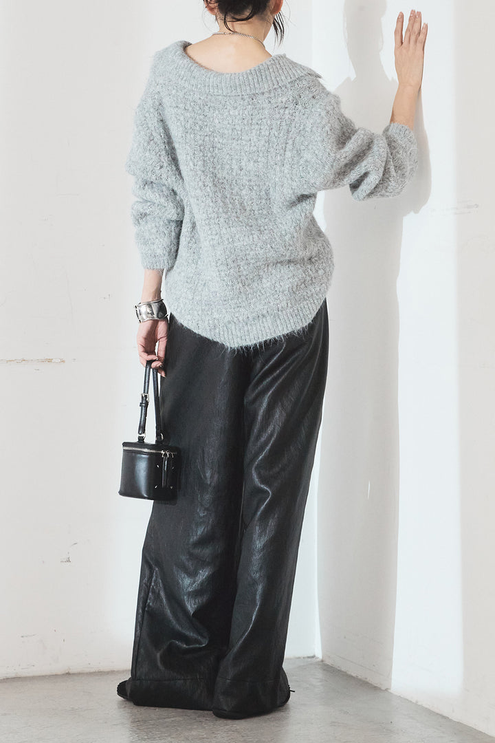 [SET]襟付きVネックニットトップス+ベルト付きレザーライクタックパンツ(2set)