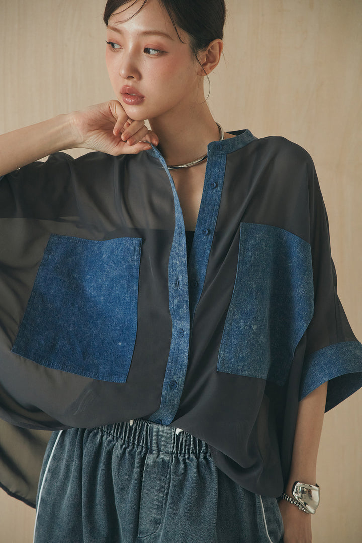 [SET]デニムライクビッグツーポケシアーシャツ+ドロストサイドラインデニムパンツ(2set)