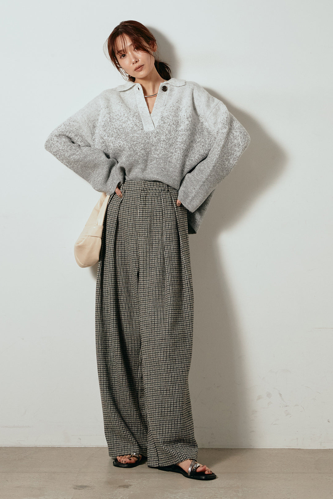 [SET]グラデーションラメニットキーネックプルオーバー+ガンクラブチェックタックパンツ(2set)