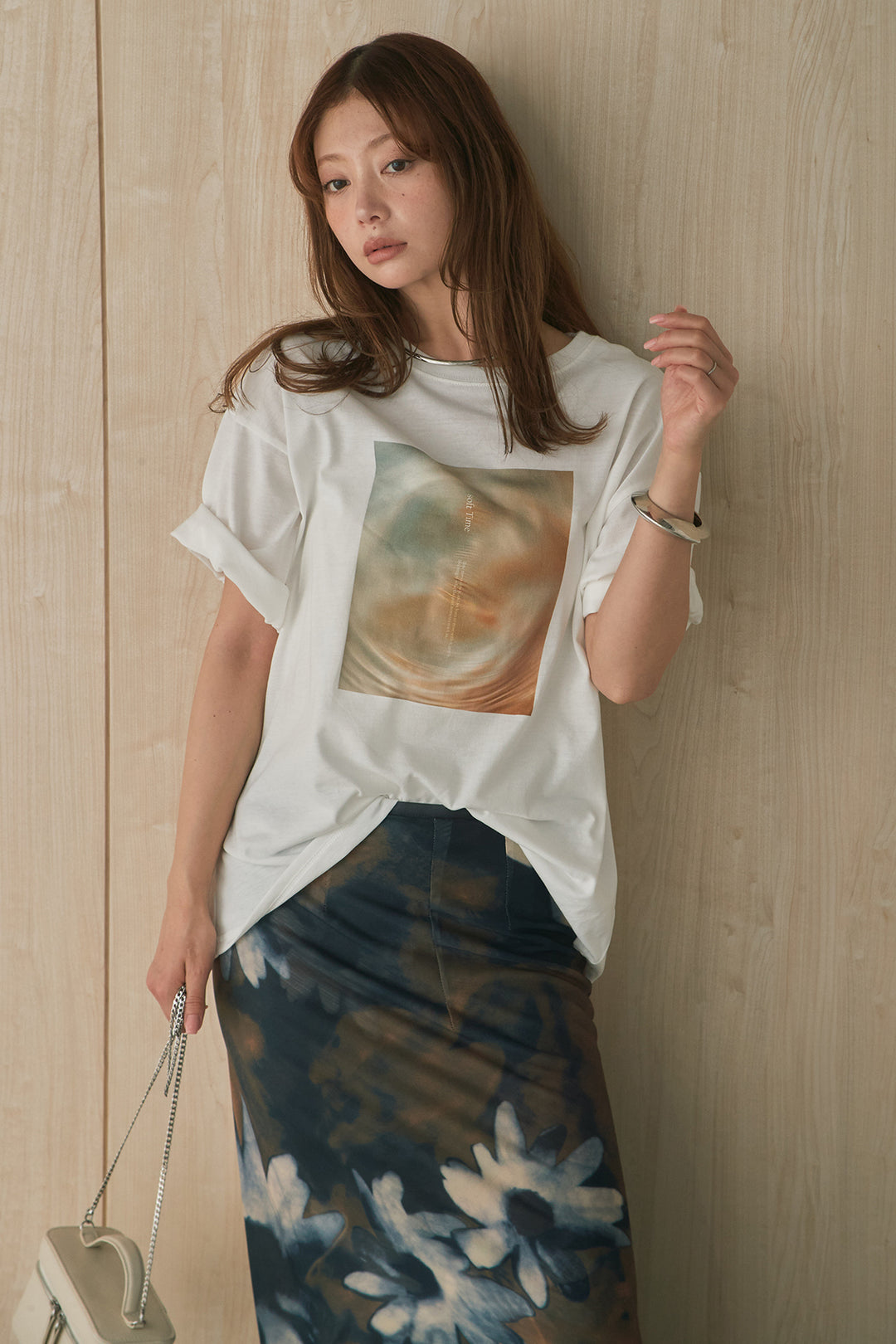 [SET]MarbleプリントTシャツ+ニュアンス花柄スカート(2set)
