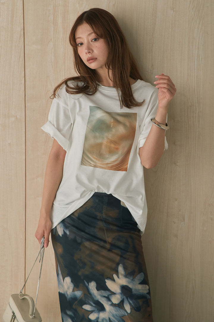 [SET]MarbleプリントTシャツ+ニュアンス花柄スカート(2set)