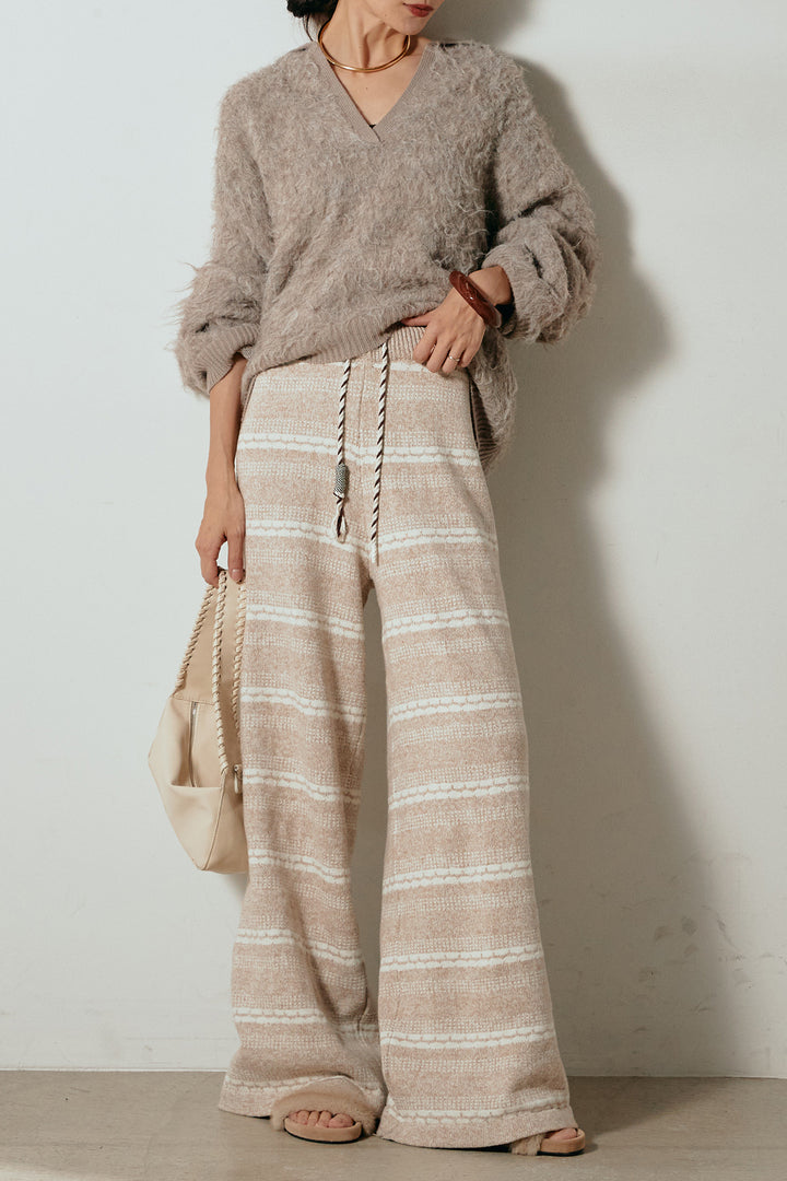 [SET]襟付きシャギーニットポロトップス+マルチライン柄リラックスニットパンツ(2set)