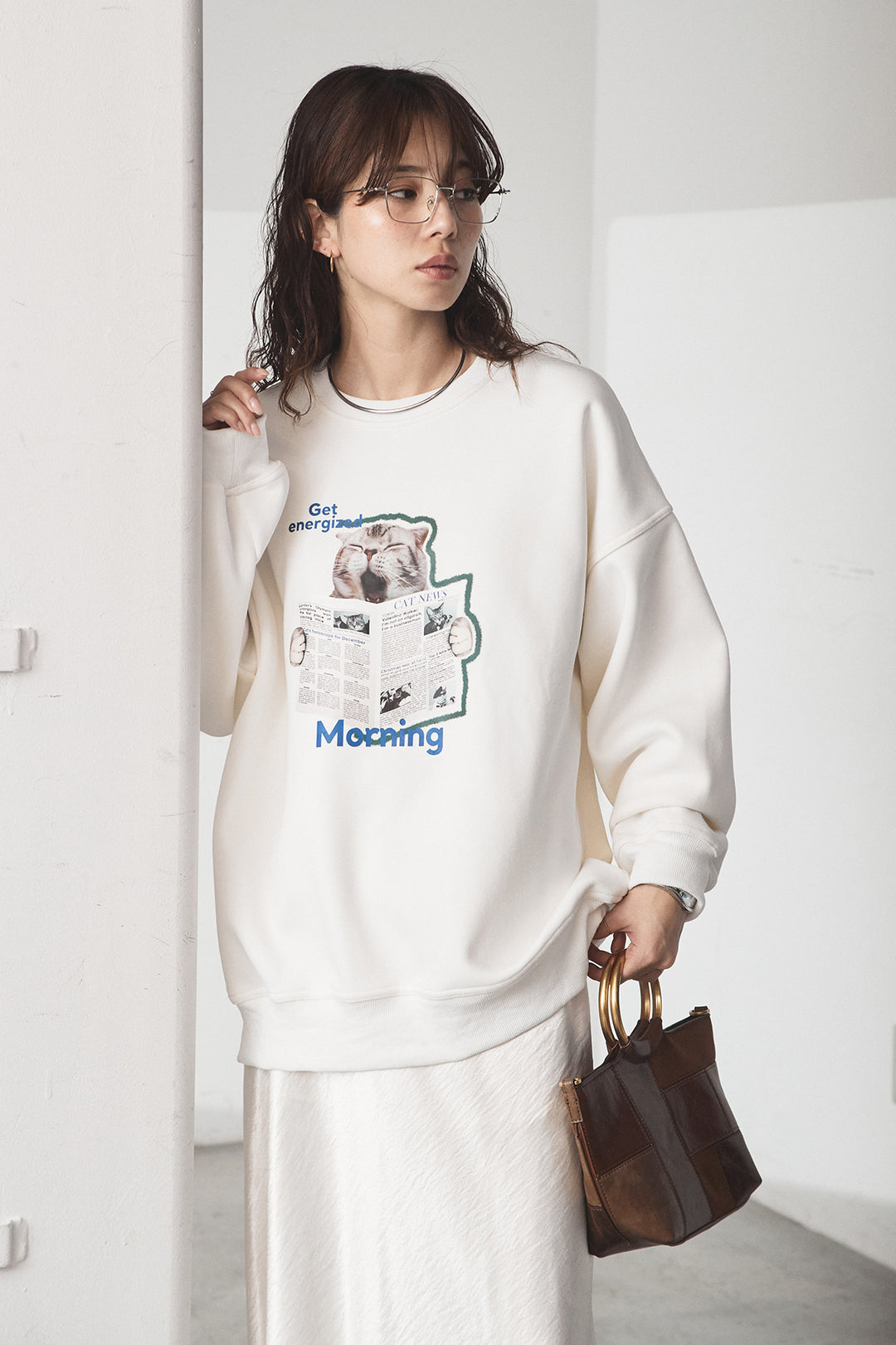 [SET]裏起毛モーニングキャットプリントスウェット+裾レースデザインサテンスカート(2set)