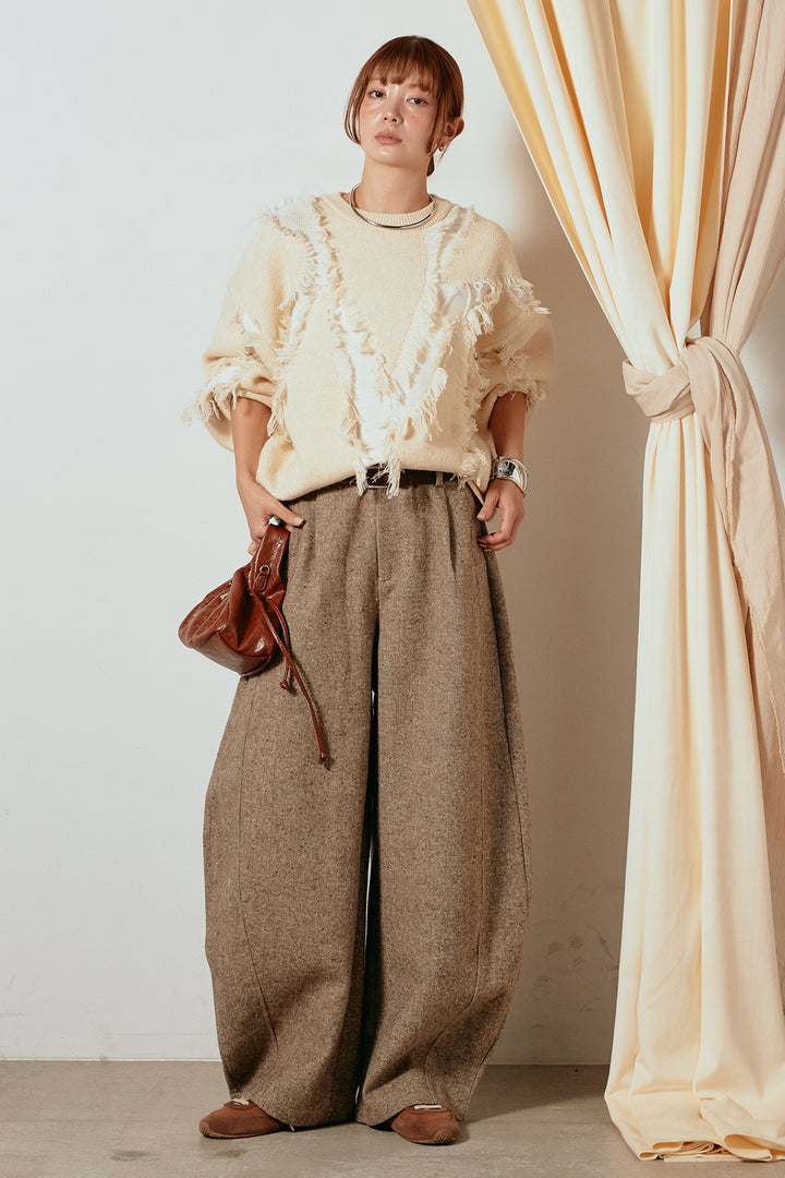 [SET]シャギージャガードニットトップス+ベルト付きネップツイードカーブパンツ(2set)