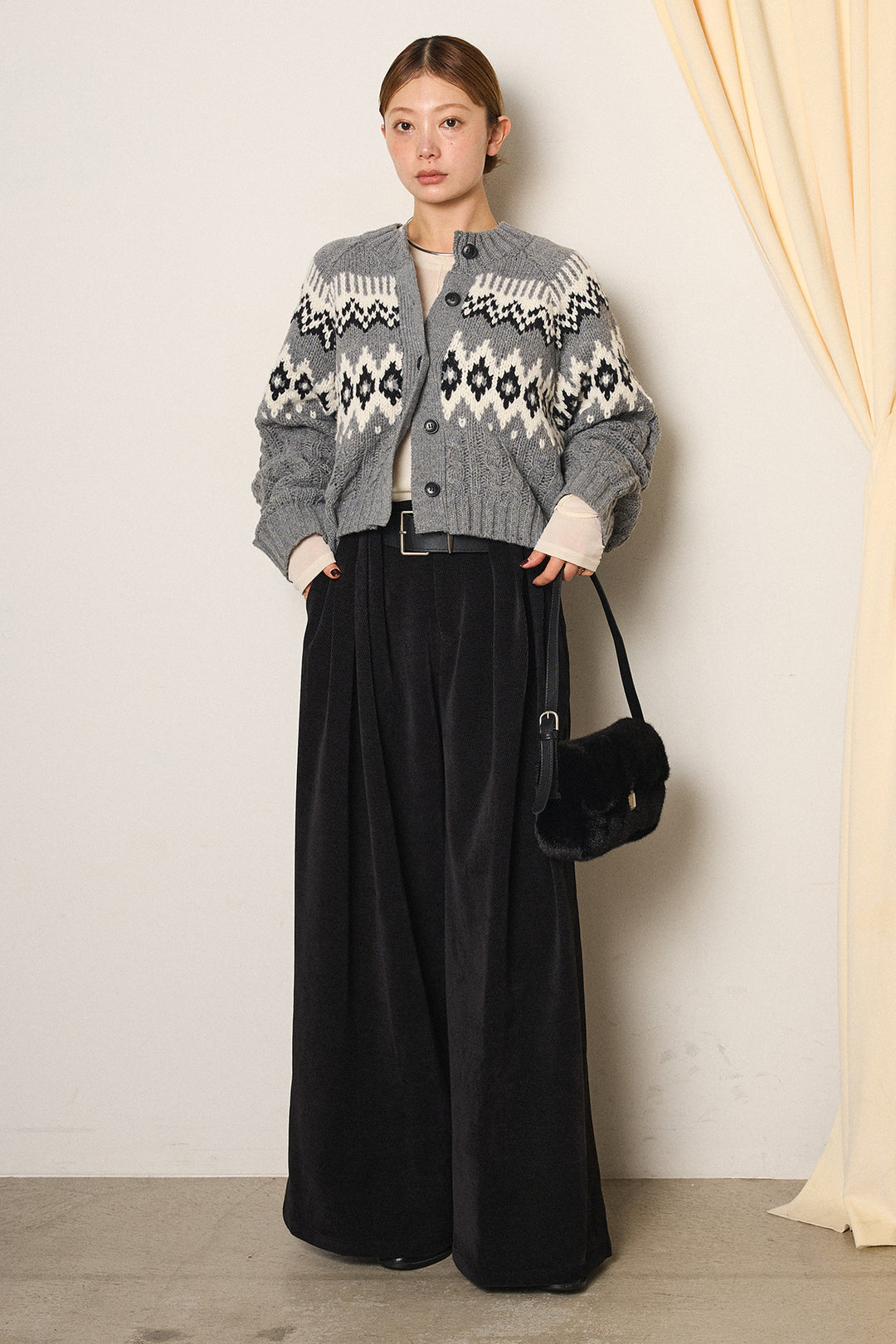 [SET]2WAY求心柄ジャガードショートカーディガン+ベルトループコーデュロイワイドパンツ+2WAY袖コード刺繍クルーネックプルオーバー(3set)