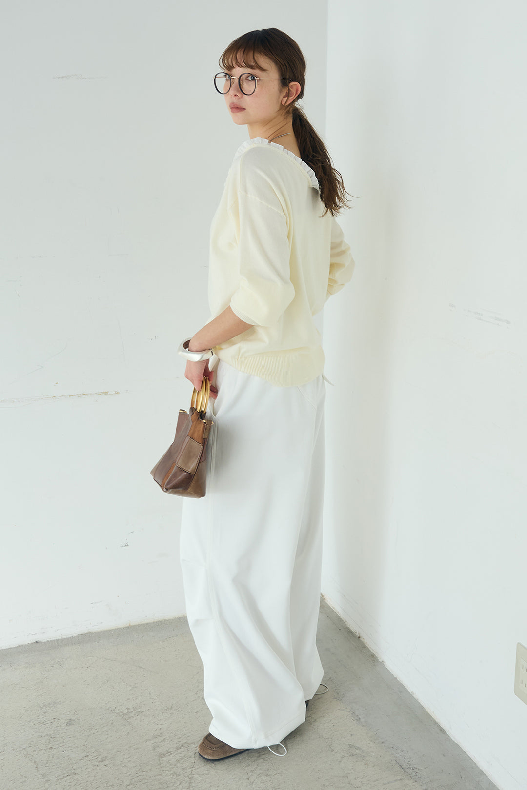 [SET]クールクール異素材コンビオフショルプルオーバー+ランダムタックデザインワイドパンツ(2set)