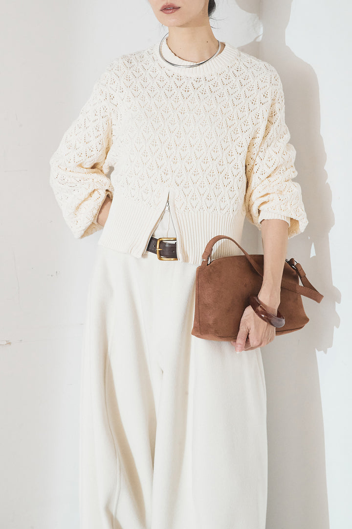 [SET]透かし編みニットジップスリットプルオーバー+ウールタッチカーブワイドパンツ(2set)