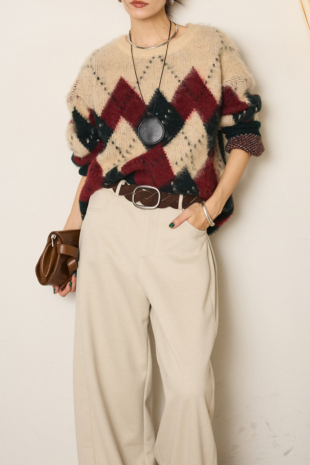 [SET]配色アーガイル柄ニットトップス+編みベルト付きワイドパンツ(2set)